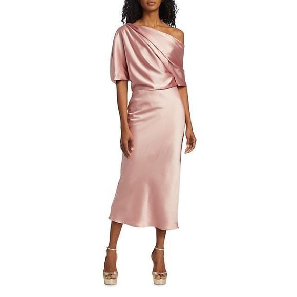 Amsale Draped Satin Pencil Midi-Dress - Picture 1 of 12
